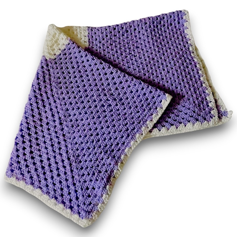 Hand Crocheted Blanket Baby Lap Afghan Purple / Lilac White 38"x38" NWOT‎